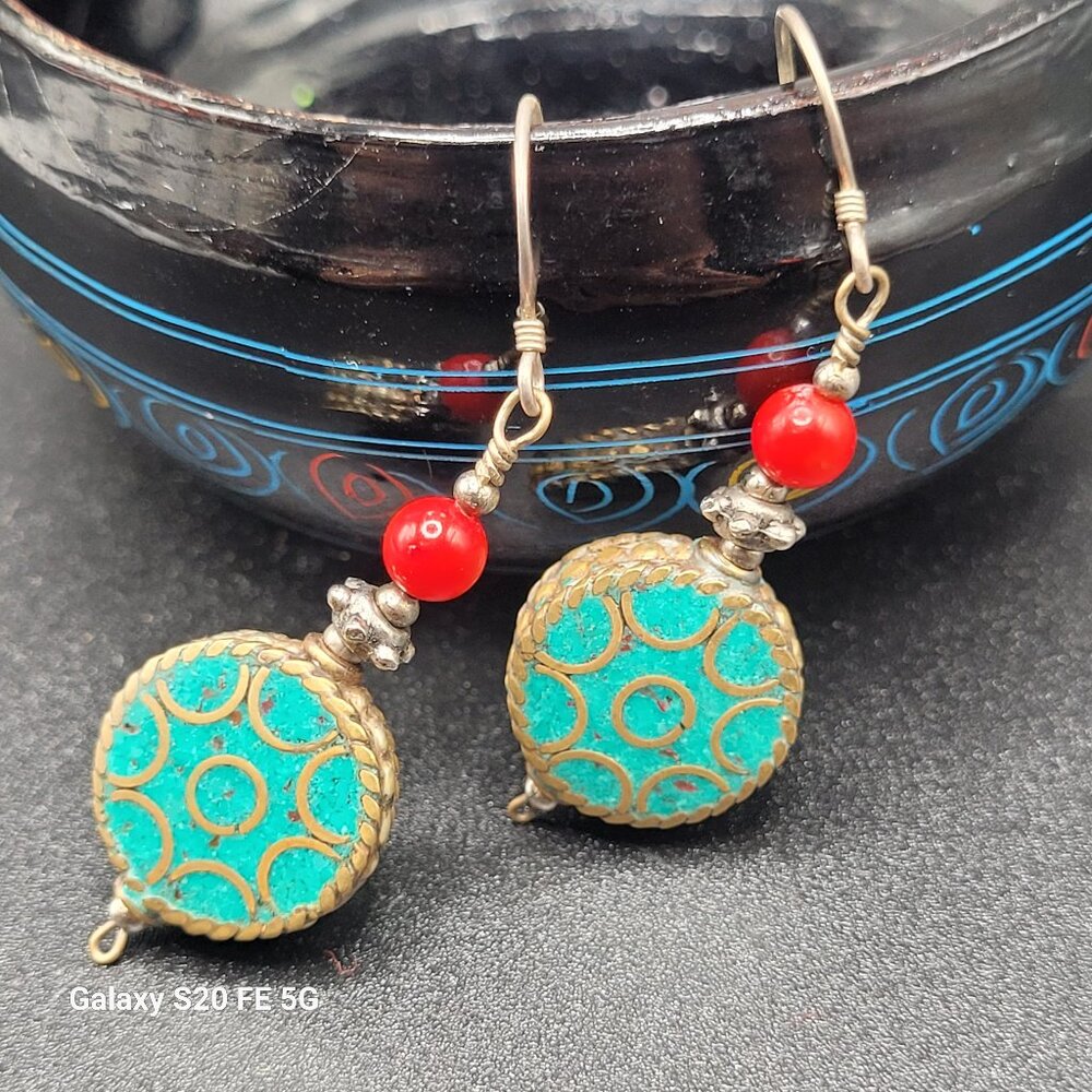 Vintage Traditional Tibetan Earrings Round Turquoise with  Red Bead Silver